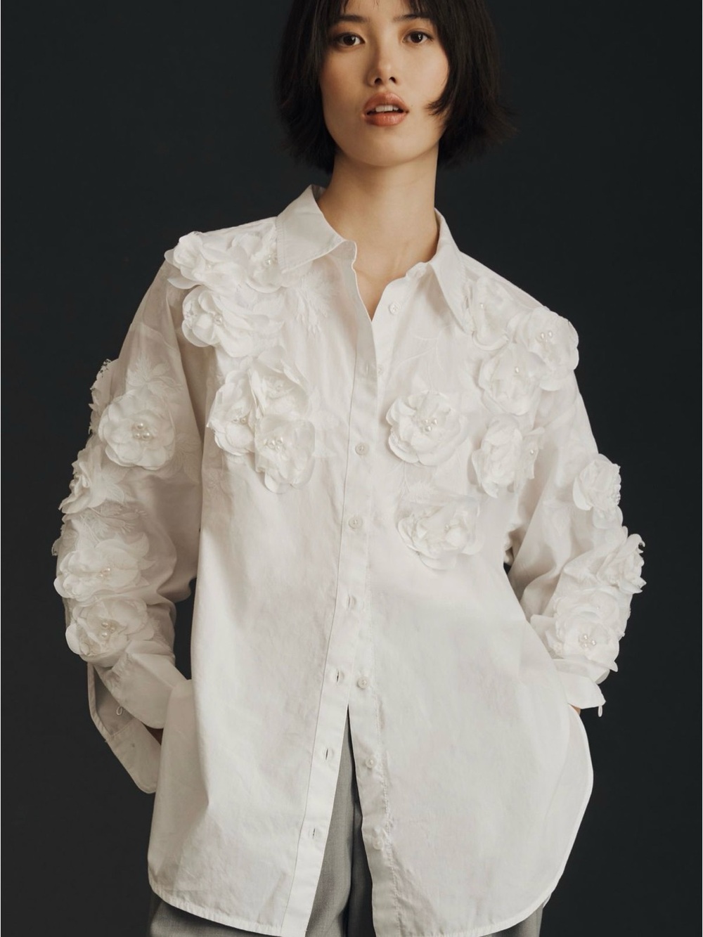 Anthropologie Maeve Women’s White Floral Appliqué Button-Up Shirt in Medium